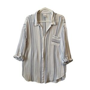 Kona Sol Blue Stripe Cozy Cotton Gauze Button Up Tunic L Boho Beach Resort Swim